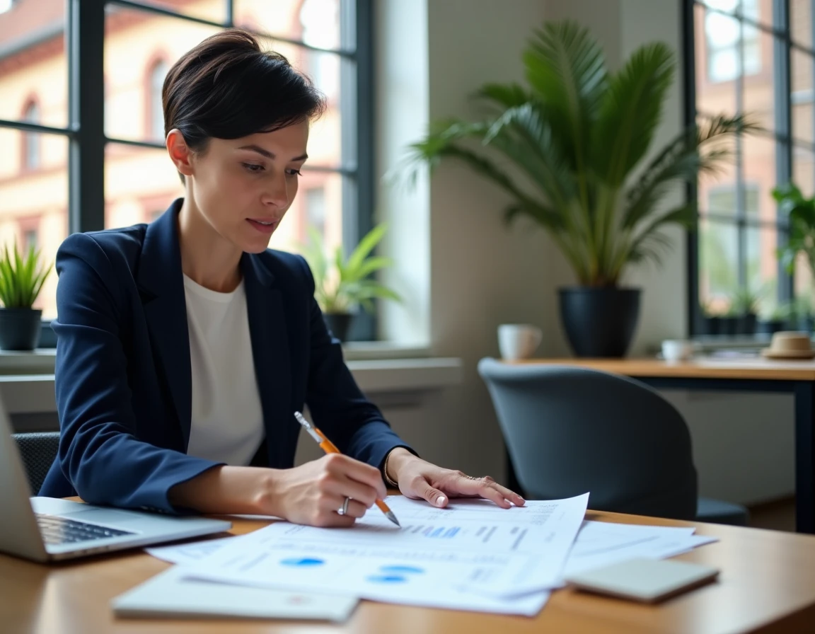 Consultante SEO en Alsace analysant un plan d'action référencement sur 90 jours dans un espace de coworking à Strasbourg