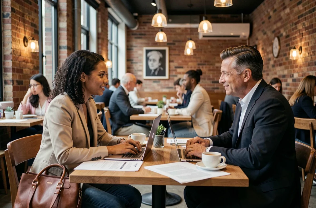 Deux consultants en portage salarial discutant d'une mission professionnelle dans un café urbain