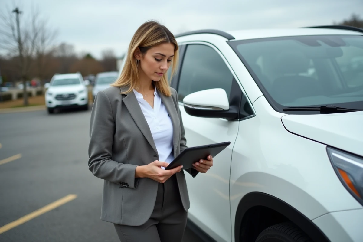 Femme consultant une base de données de marquage numérique de véhicules sur tablette dans un parking extérieur