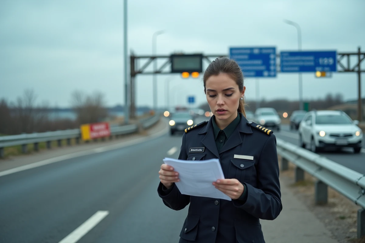 Une agente des douanes en uniforme contrôle des documents à un poste frontière franco-espagnol