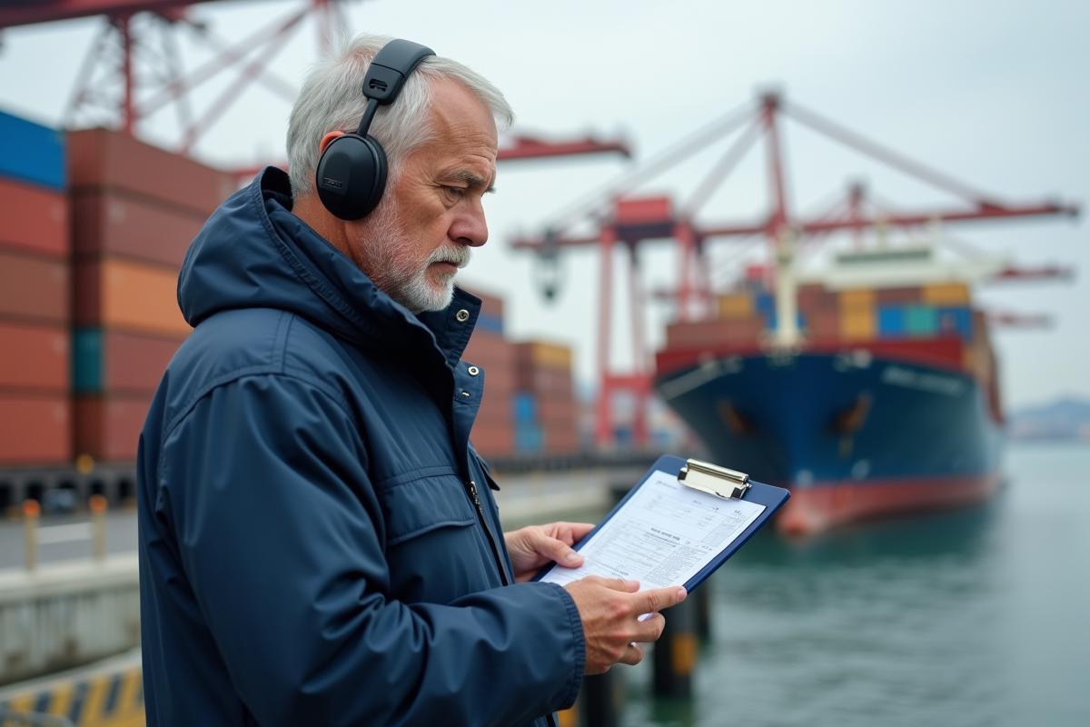 Coordinateur maritime vérifiant étiquettes de containers au port