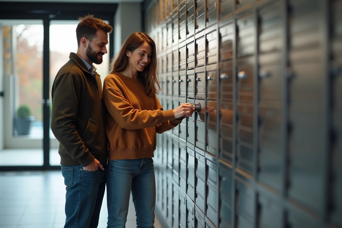 Couple ouvrant une boîte aux lettres dans le hall d'entrée d'un immeuble résidentiel moderne