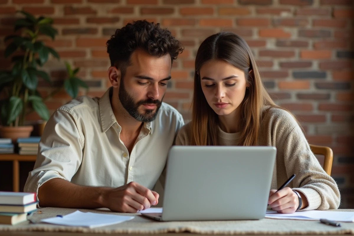 Couple travaillant ensemble sur une lettre de démission pour suivre le conjoint, assis à une table avec ordinateur portable et notes manuscrites