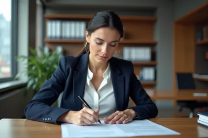 Femme juriste en blazer marine analysant un document légal avec délais ouvrables annotés au stylo sur un bureau en bois moderne