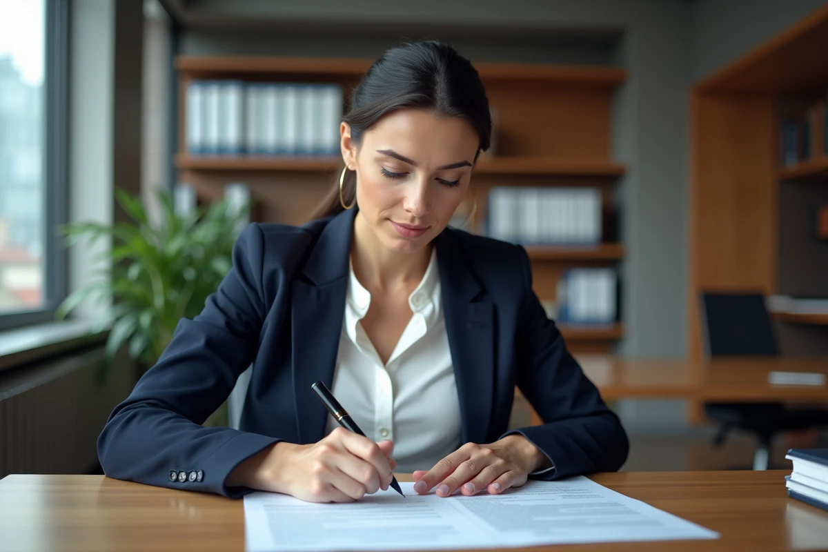 Femme juriste en blazer marine analysant un document légal avec délais ouvrables annotés au stylo sur un bureau en bois moderne