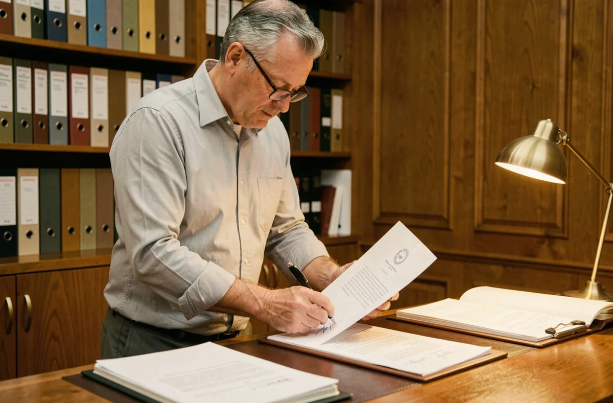 Homme d'affaires en train de signer par délégation un courrier officiel dans un bureau administratif