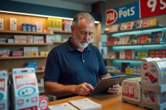 Détaillant FDJ masculin consultant ses données de ventes sur tablette dans un tabac-presse français