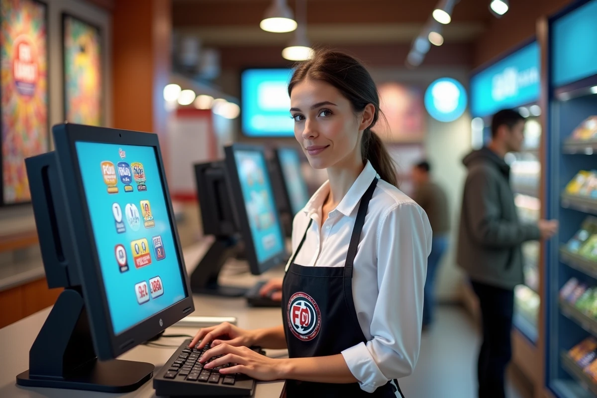 Détaillante FDJ utilisant le terminal Professionjeux pour gérer les jeux de loterie en boutique