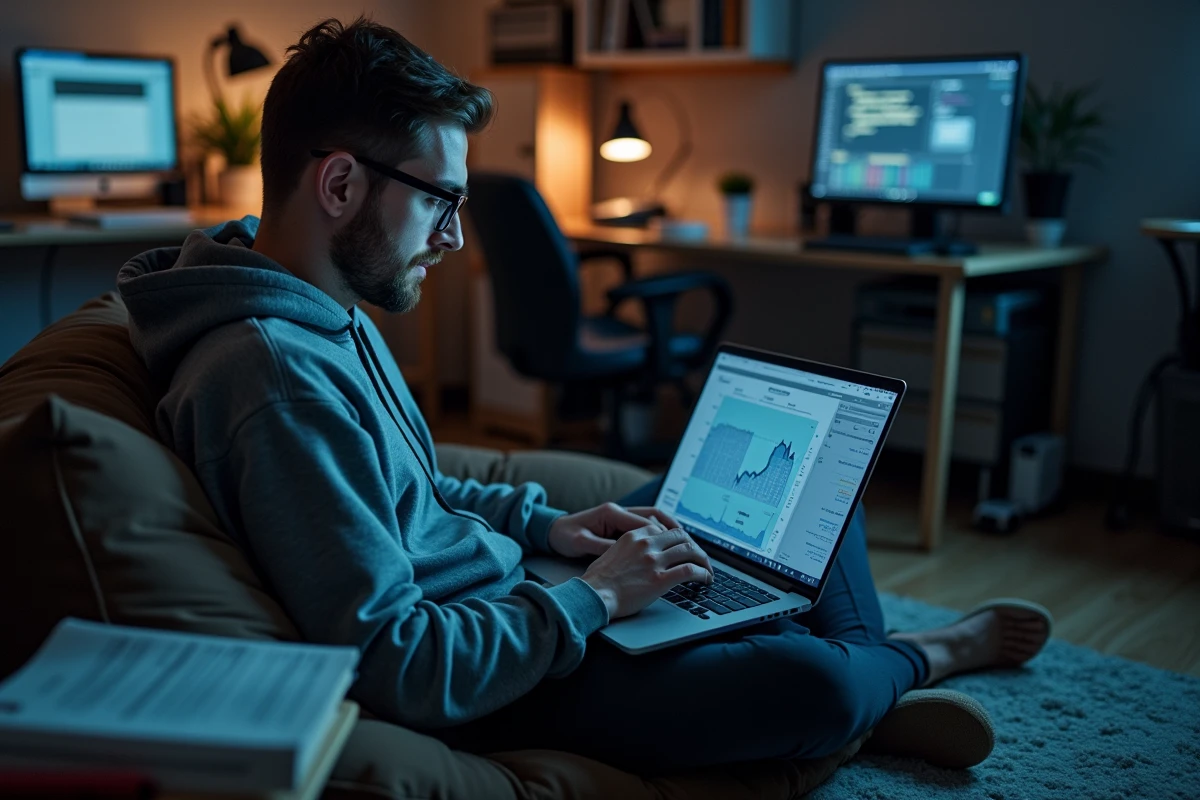 Développeur solitaire analysant des métriques de produit en déclin sur son ordinateur portable entouré de rapports de tests utilisateurs annotés, évoquant les pièges classiques du développement MVP