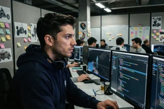 Développeur de jeux vidéo concentré devant plusieurs écrans de code dans un studio de développement sous pression