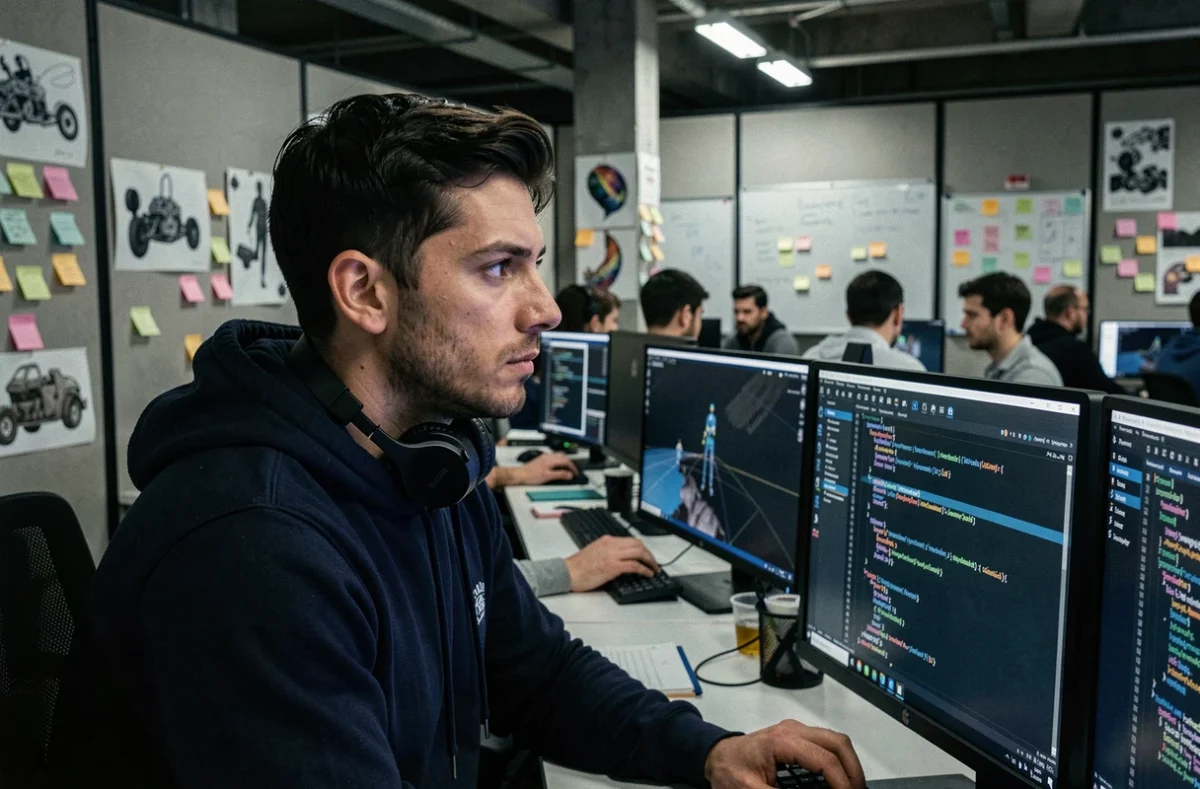 Développeur de jeux vidéo concentré devant plusieurs écrans de code dans un studio de développement sous pression