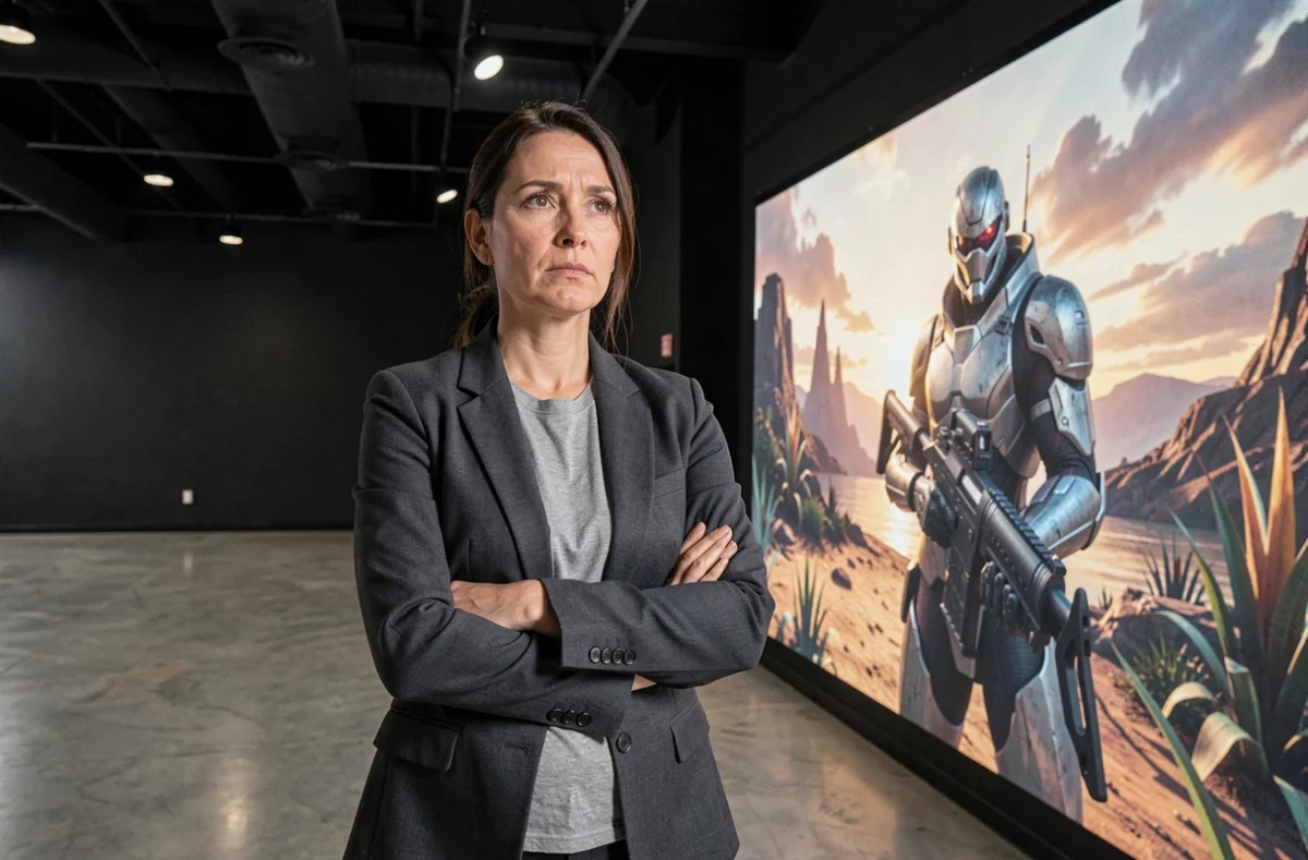 Directrice créative de studio de jeux vidéo devant un écran géant affichant un environnement de jeu de tir en vue à la première personne