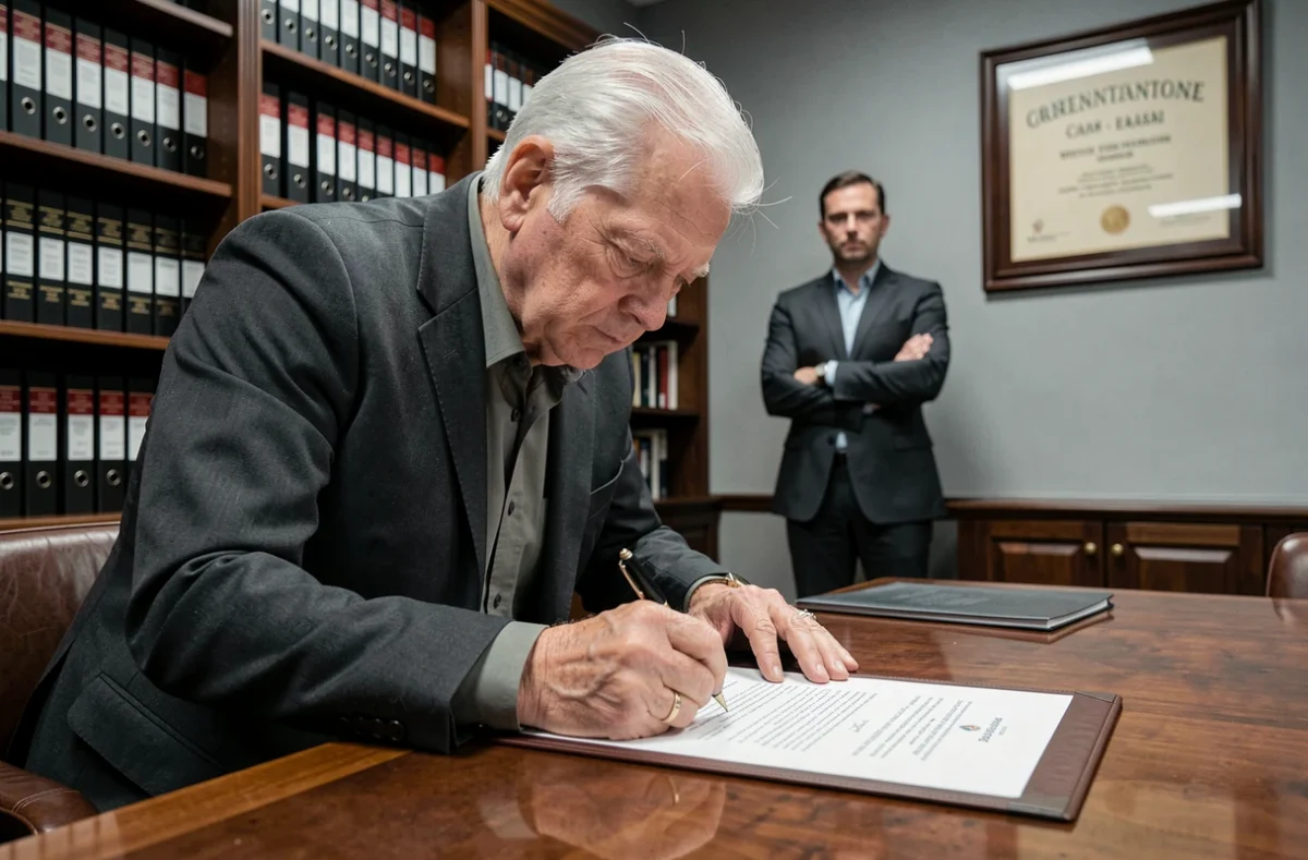 Dirigeant d'association signant un accord lié au portage salarial dans un bureau administratif
