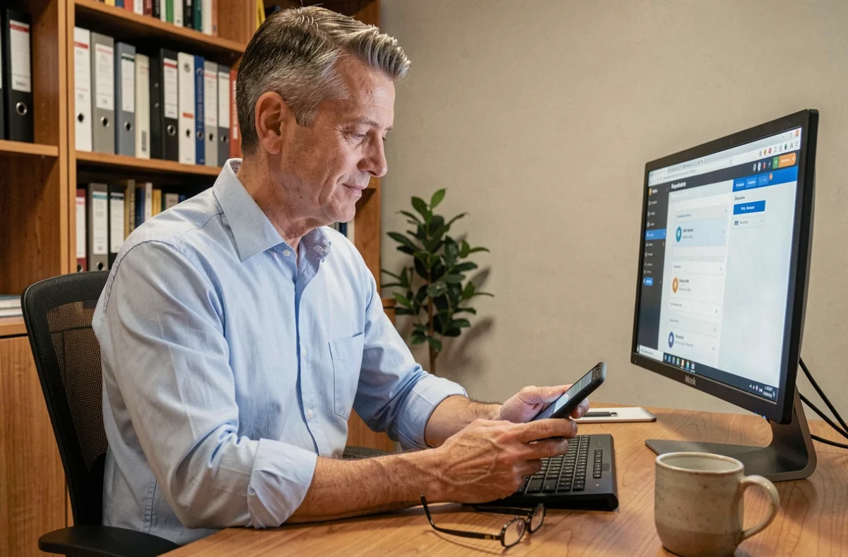 Dirigeant d'entreprise gérant sa relation client B2B depuis son bureau privé avec ordinateur et smartphone