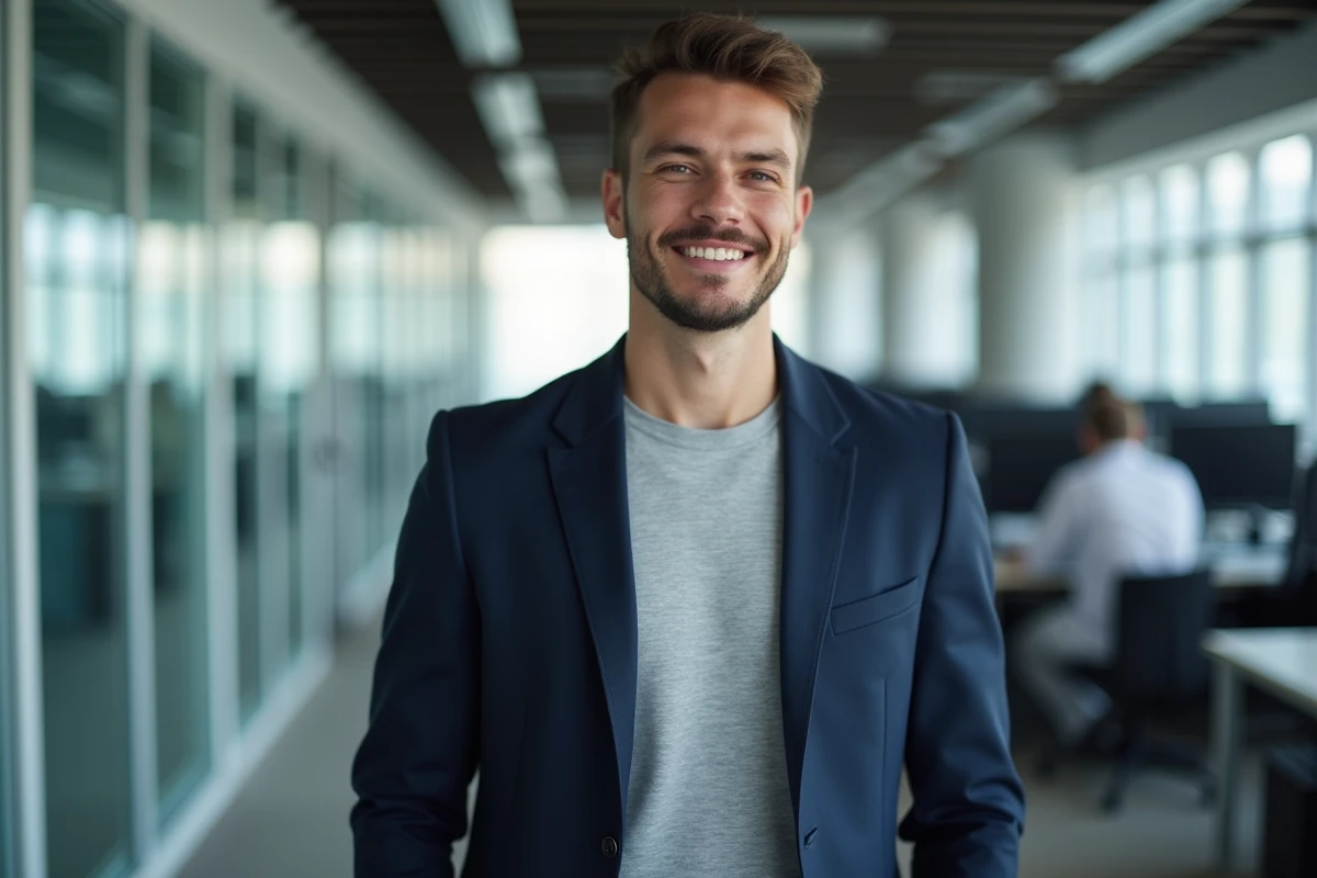 Portrait d'un jeune dirigeant de startup tech en blazer bleu marine dans un bureau moderne, illustrant un article sur Arthur Mensch et les rumeurs liées à sa notoriété