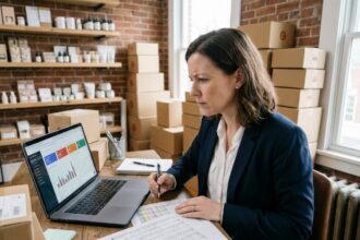 Femme dirigeante d'une petite entreprise e-commerce analysant des risques financiers sur des documents imprimés et un tableau de bord numérique
