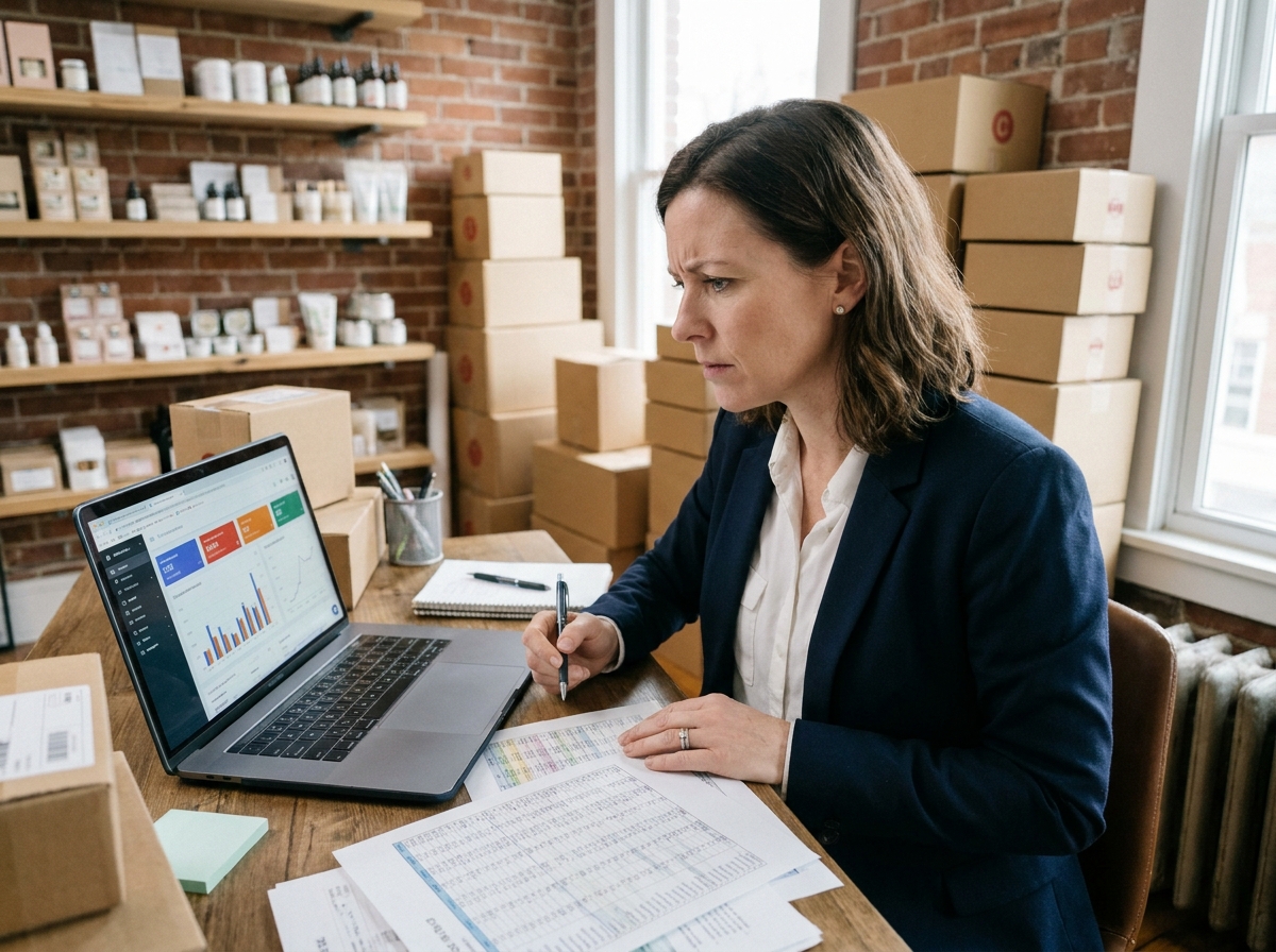 Femme dirigeante d'une petite entreprise e-commerce analysant des risques financiers sur des documents imprimés et un tableau de bord numérique