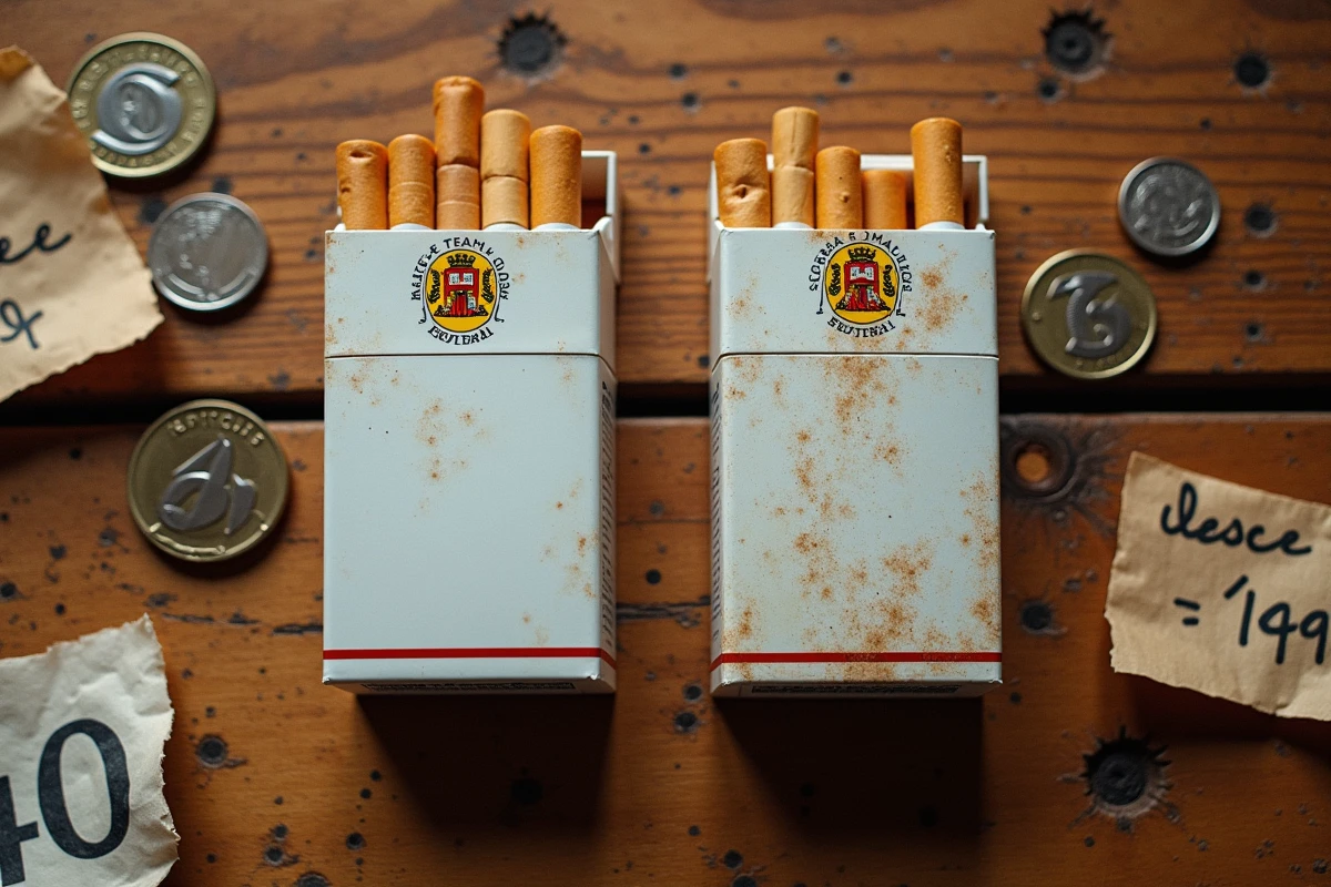 Comparaison côte à côte de paquets de cigarettes avec timbres fiscaux français et espagnol sur une table en bois