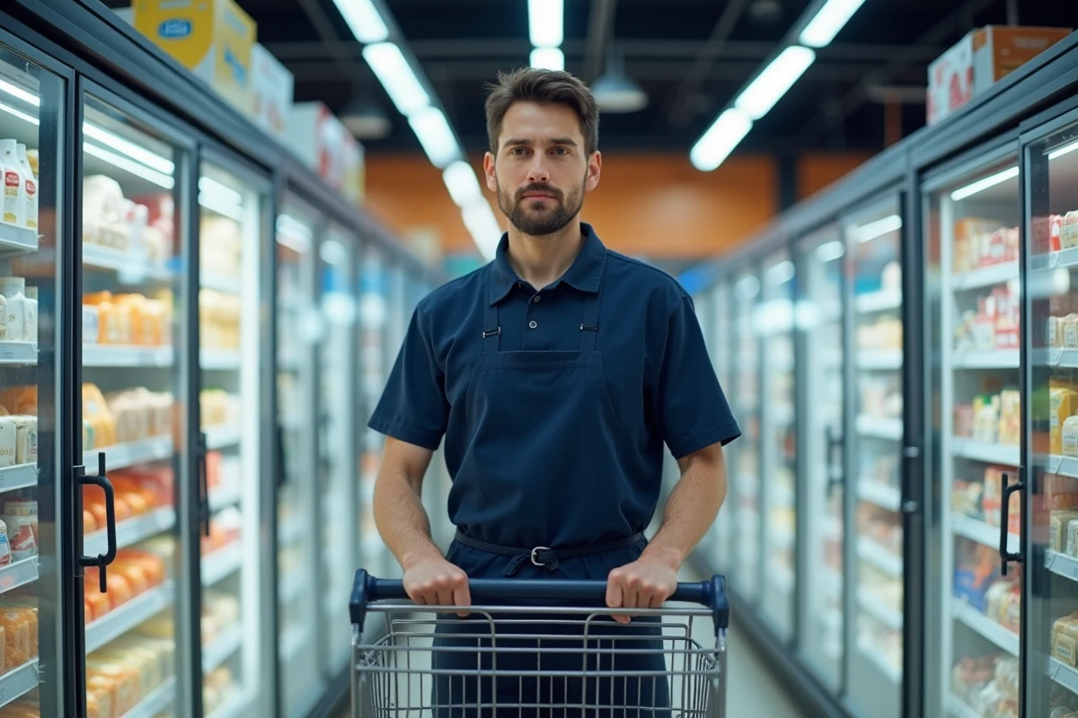 Employé de rayon frais en supermarché Leclerc arrangeant des produits dans le rayon réfrigéré