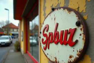 Détail d'une enseigne vintage Intermarché en émail rouge et blanc sur façade béton, évoquant l'histoire du logo de la marque
