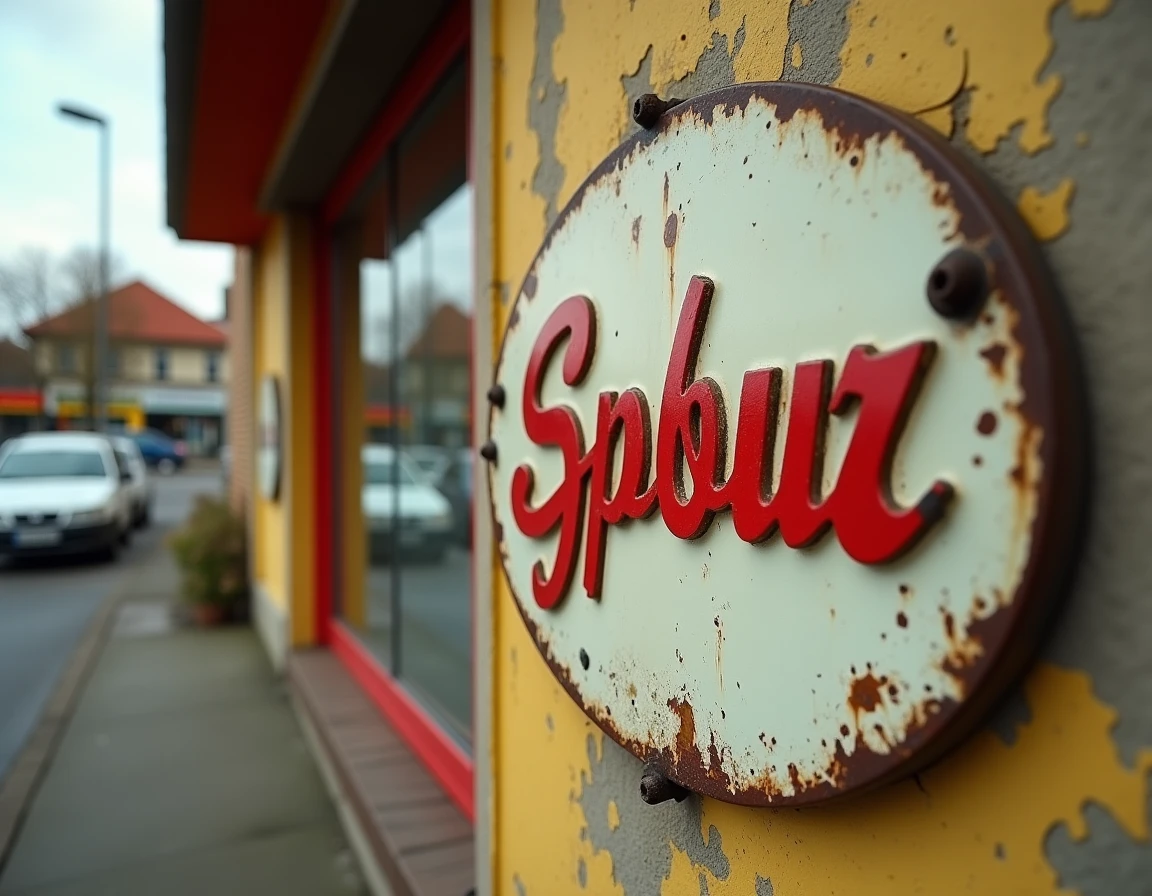 Détail d'une enseigne vintage Intermarché en émail rouge et blanc sur façade béton, évoquant l'histoire du logo de la marque