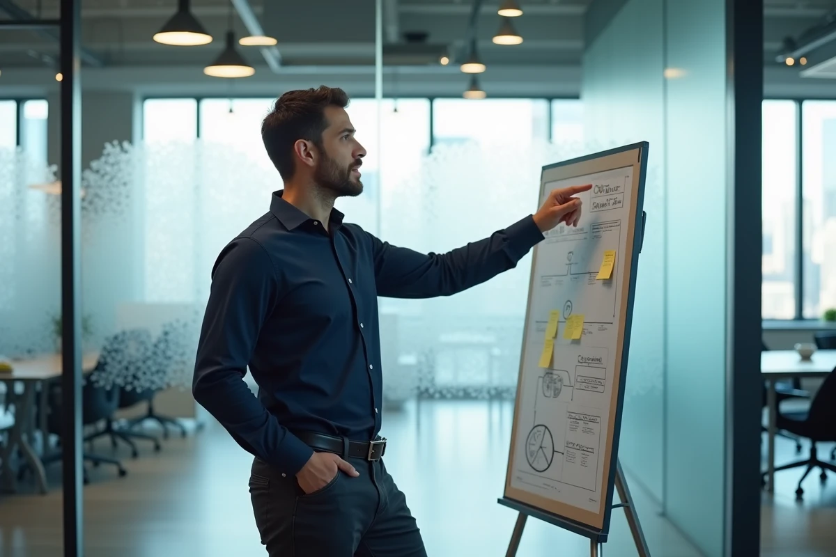 Entrepreneur présentant un business plan sur tableau blanc dans un bureau moderne