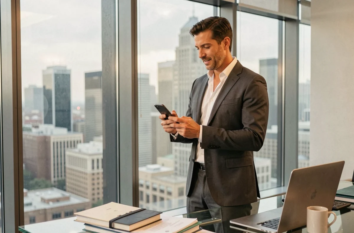 Entrepreneur consultant consultant sécurisant ses communications confidentielles via smartphone dans un bureau avec vue urbaine