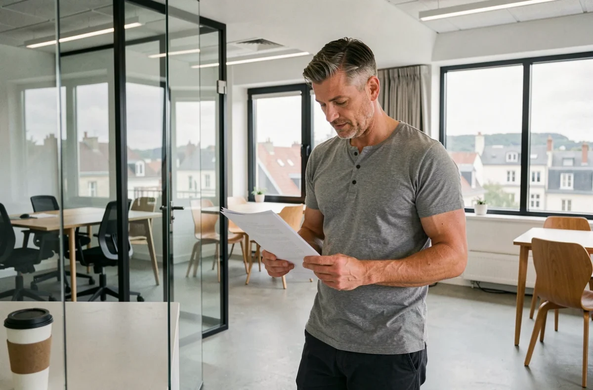 Entrepreneur consultant debout près d'une cloison vitrée dans un coworking contemporain à Douai, consultant des documents professionnels
