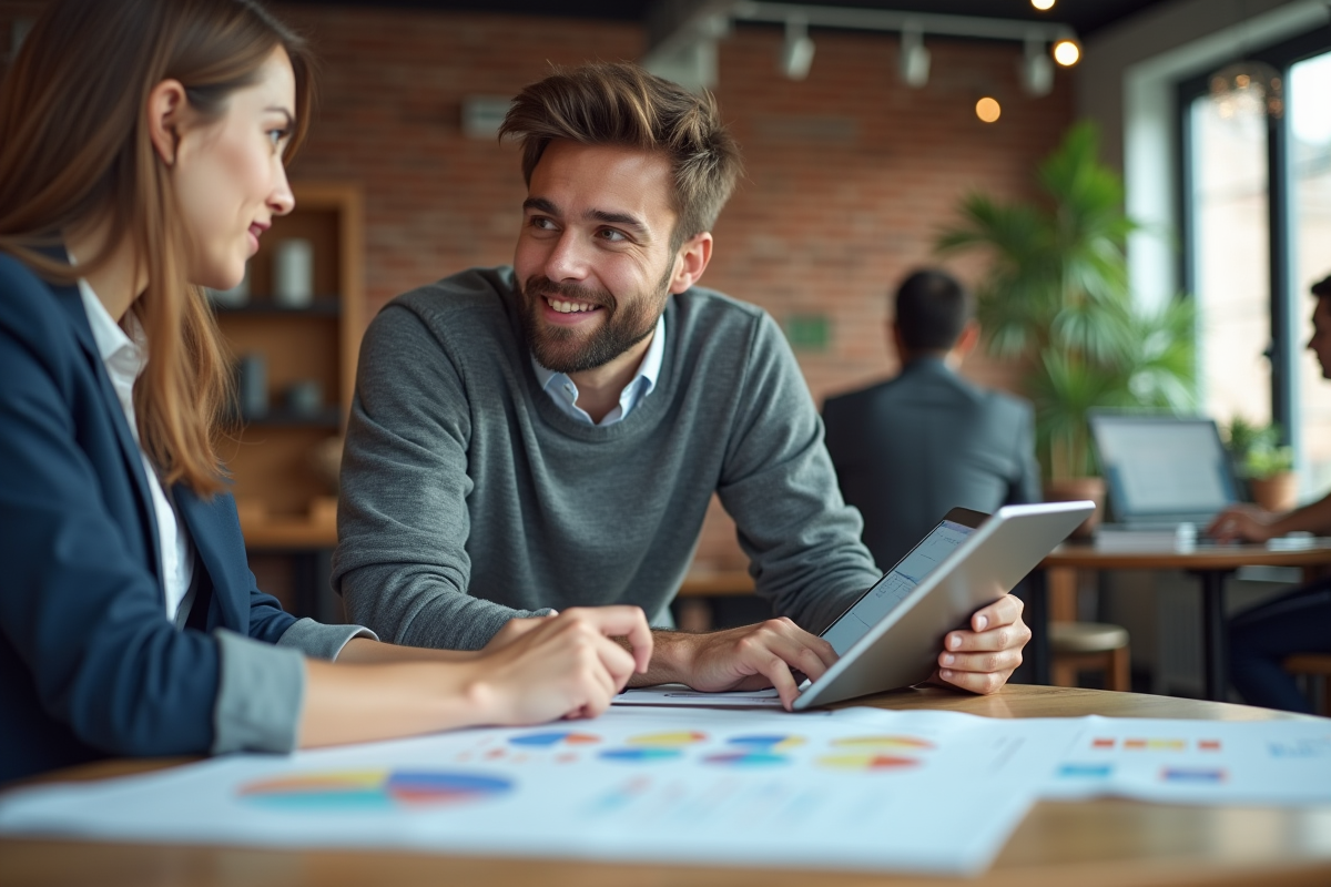 Jeune entrepreneur discutant avec un collègue autour d