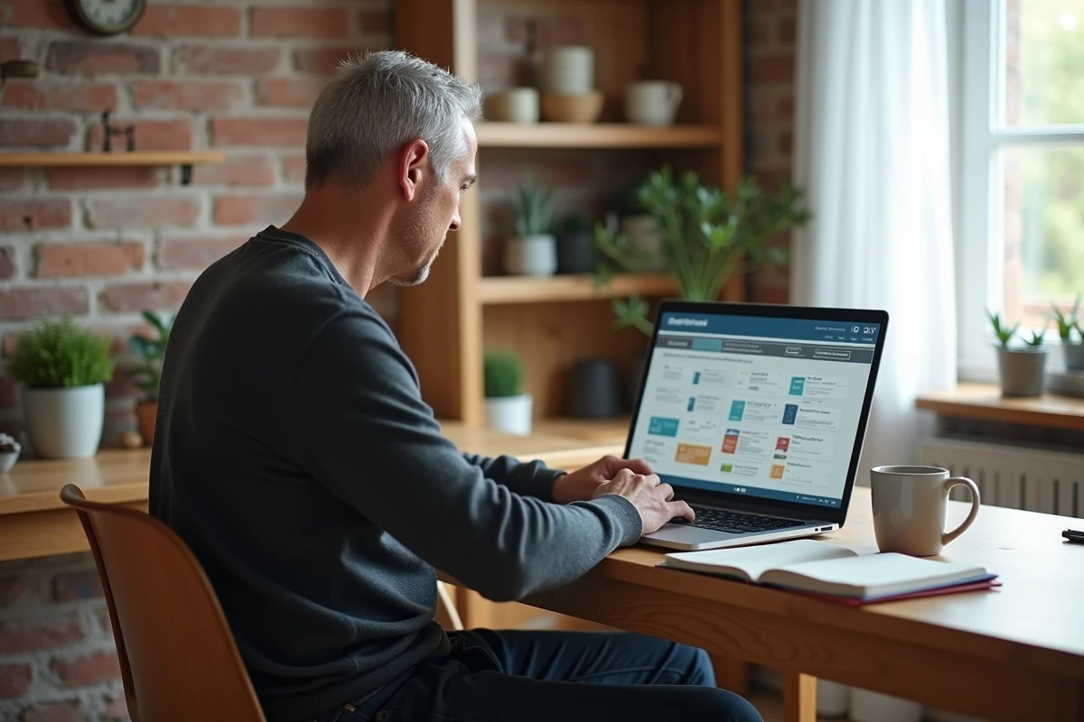 Entrepreneur travaillant sur un plan marketing automatisé avec intelligence artificielle depuis son bureau à domicile