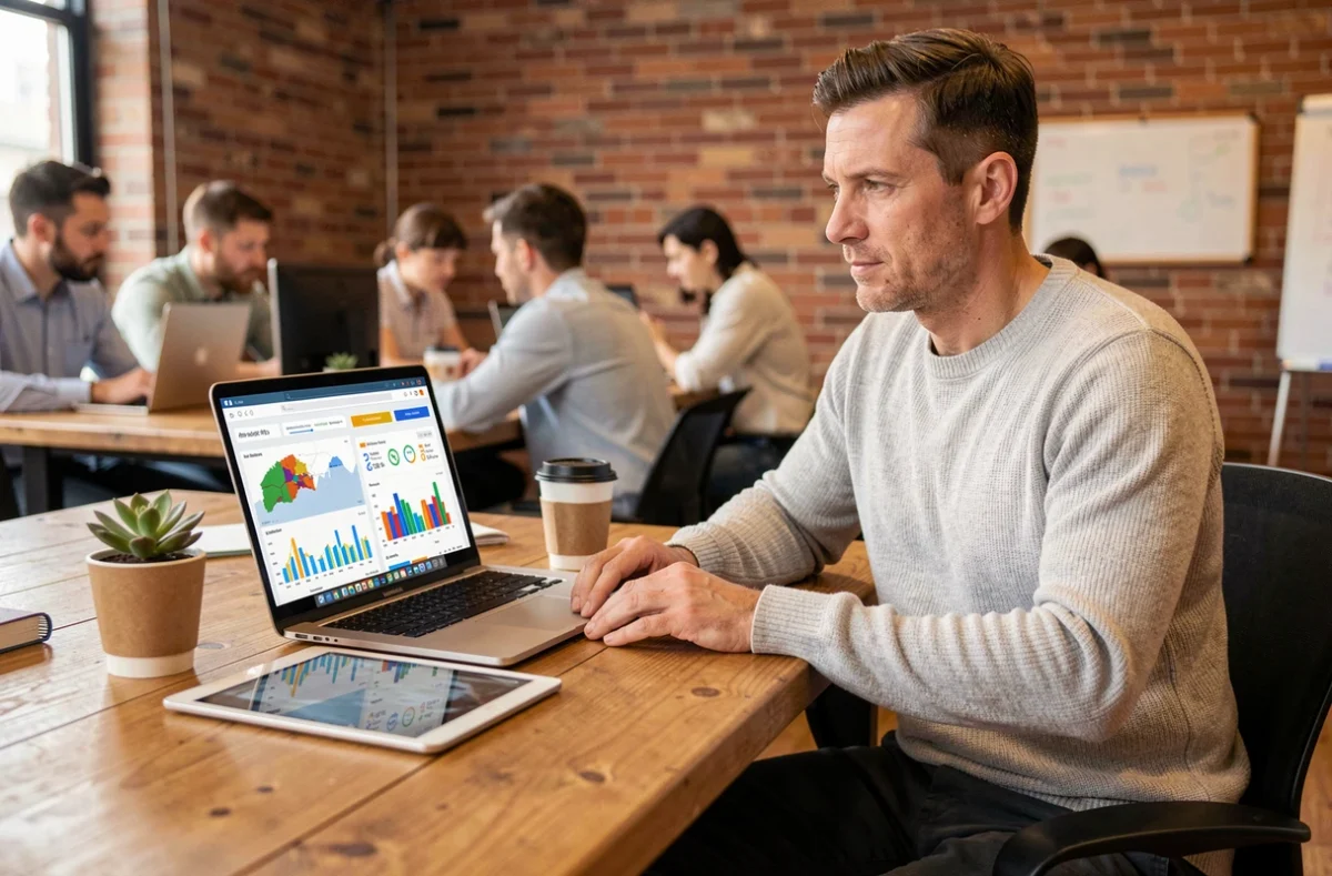 Entrepreneur consultant des indicateurs économiques d'un territoire sur une plateforme numérique dans un espace de coworking moderne