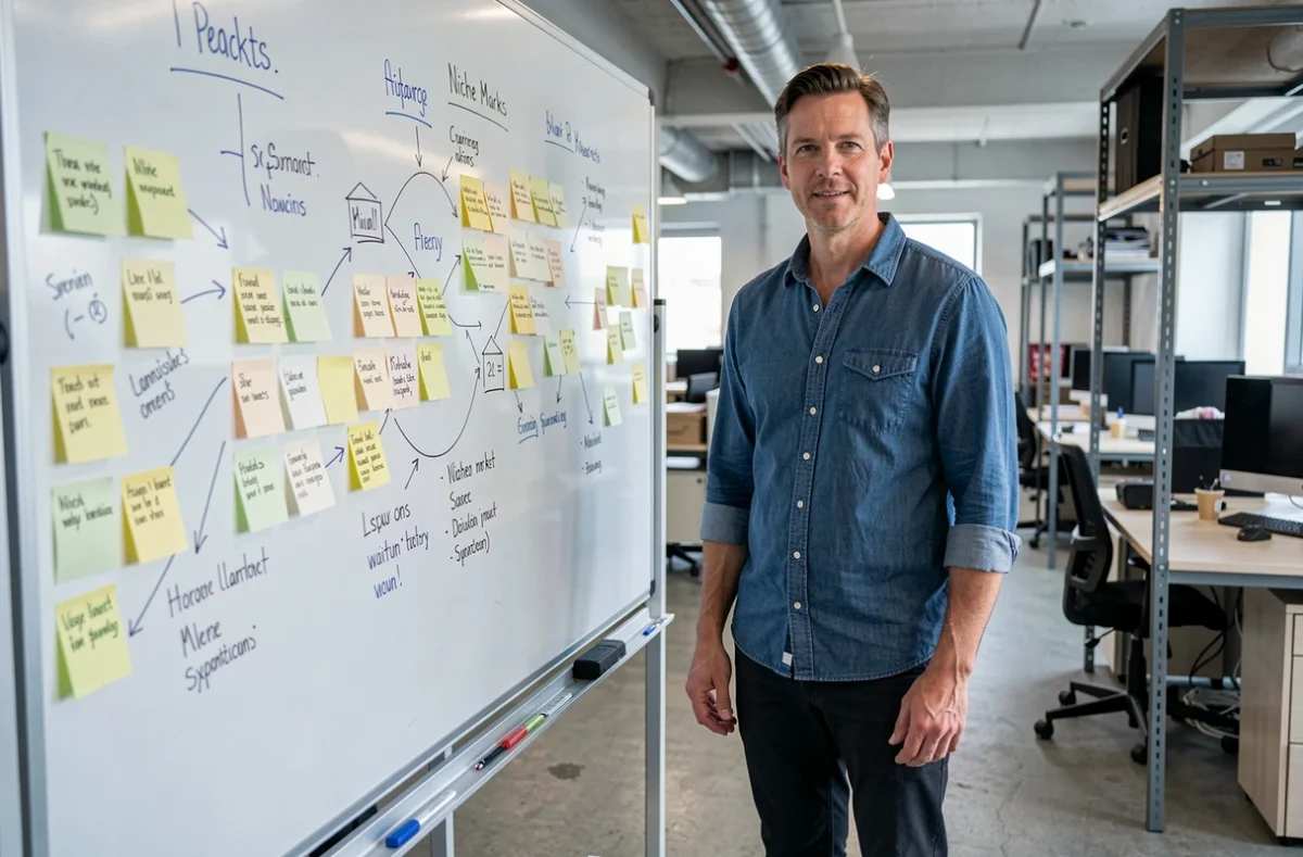 Entrepreneur masculin devant un tableau blanc de stratégie pour un business de niche en espace de coworking