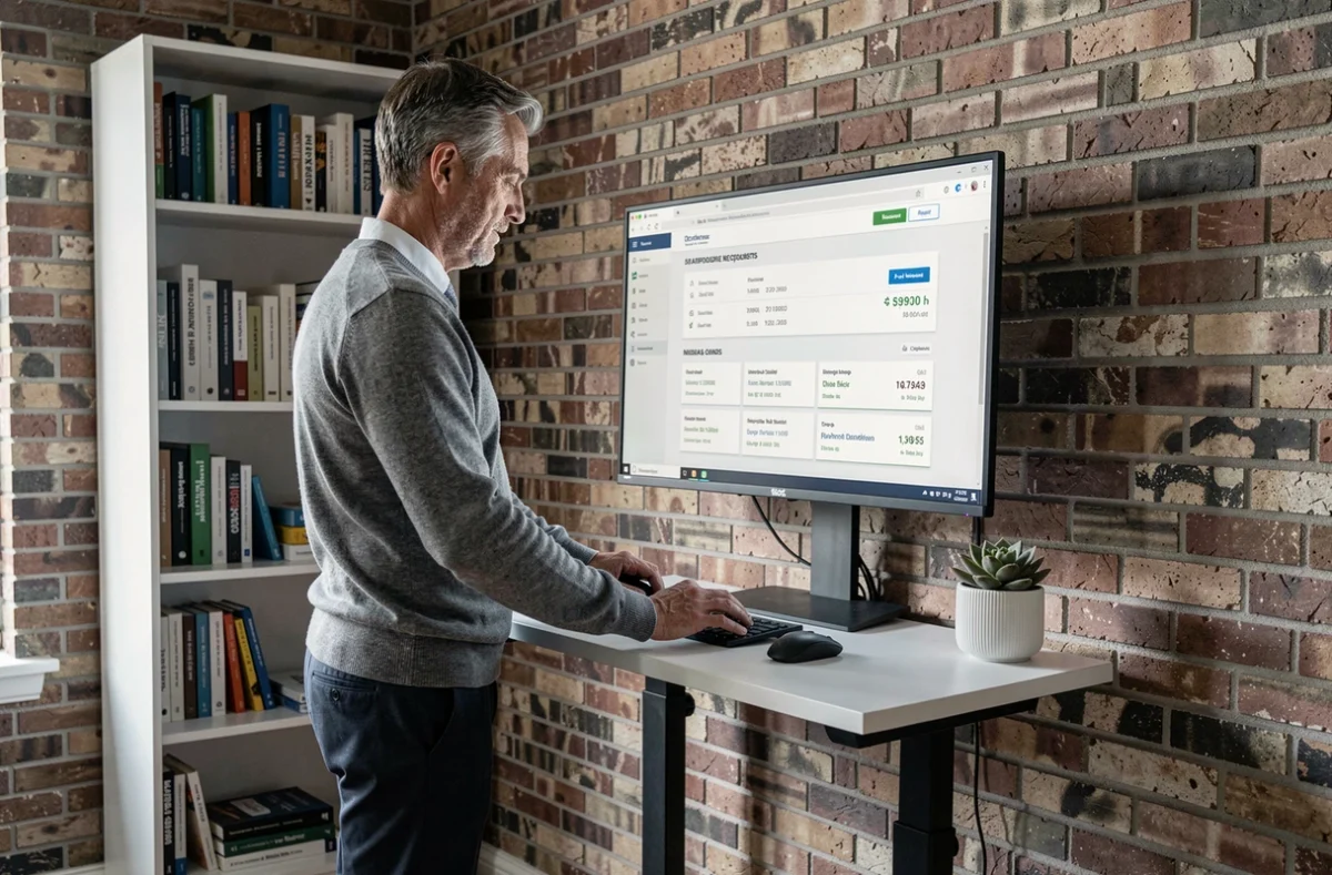 Entrepreneur consultant debout à son bureau consulte des fiches d'entreprises sur un logiciel de veille concurrentielle