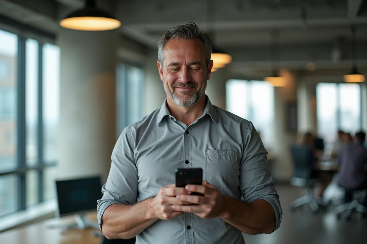 Entrepreneur masculin lisant des messages automatiques WhatsApp Business dans un espace de coworking moderne
