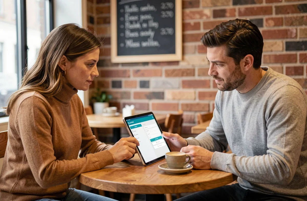 Deux entrepreneurs consultant une plateforme de contact sécurisée sur tablette dans un café de travail collaboratif