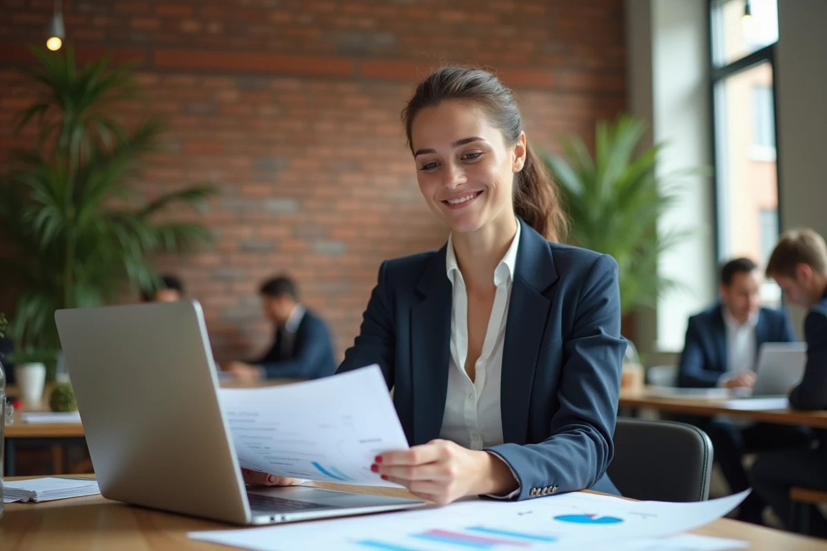 Entrepreneuse analysant les étapes de création d'entreprise sur un bureau en co-working