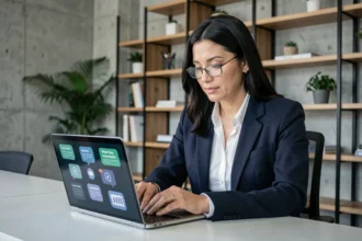 Entrepreneuse sécurisant ses échanges professionnels sur un ordinateur portable dans un espace de coworking moderne