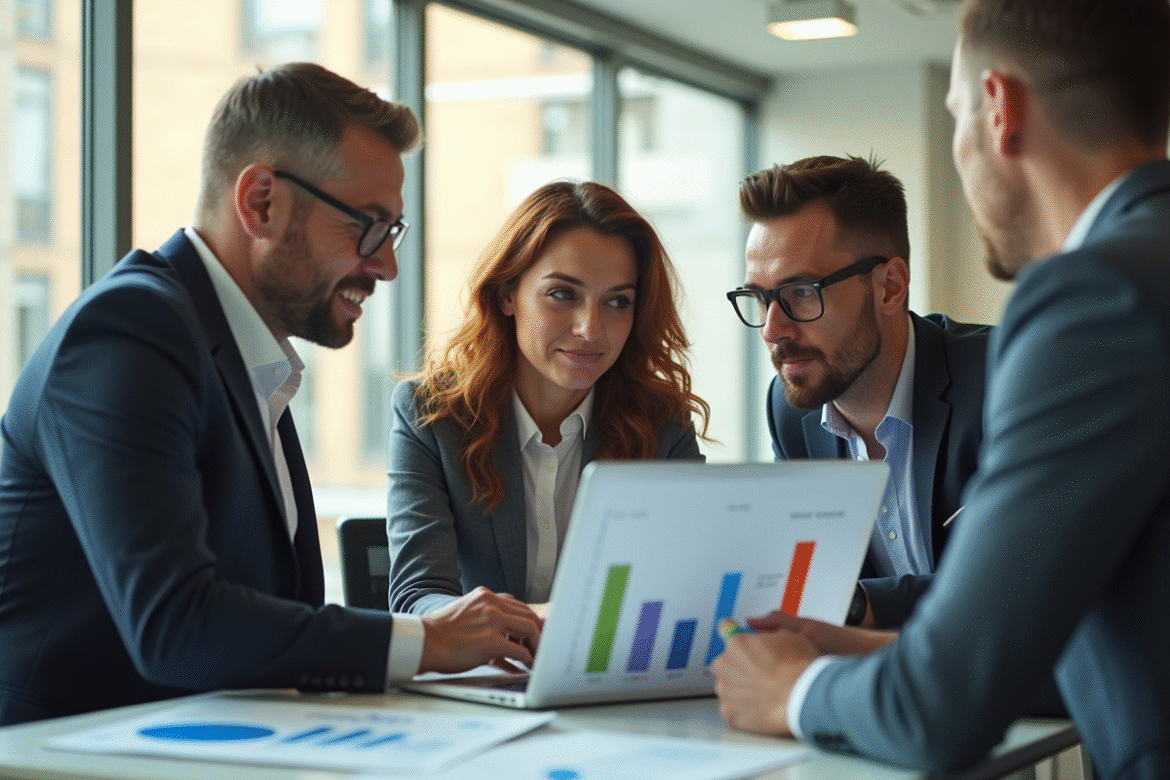 Équipe d'affaires diversifiée dans un bureau moderne avec graphiques financiers