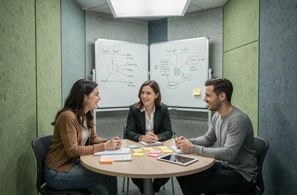 Équipe de trois professionnels en séance de brainstorming dans un espace de réunion dédié d'un coworking à Douai