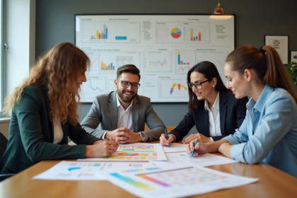 Groupe de professionnels en réunion de travail dynamique