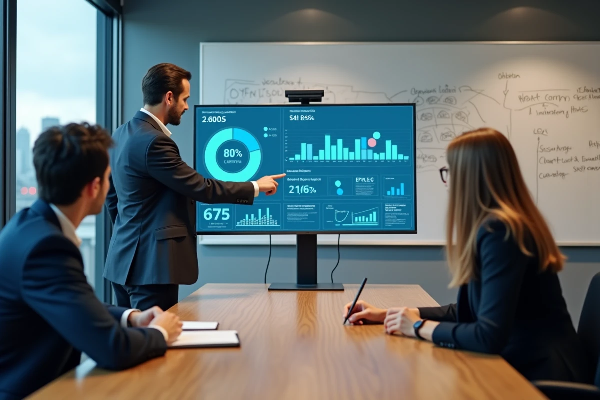 Équipe de professionnels comparant les abonnements et tarifs de plateformes d'intelligence artificielle en salle de réunion