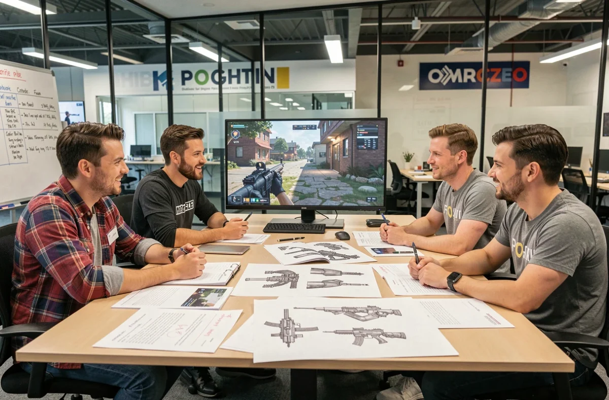 Équipe de concepteurs de jeux vidéo en réunion autour de documents de production dans une salle de studio