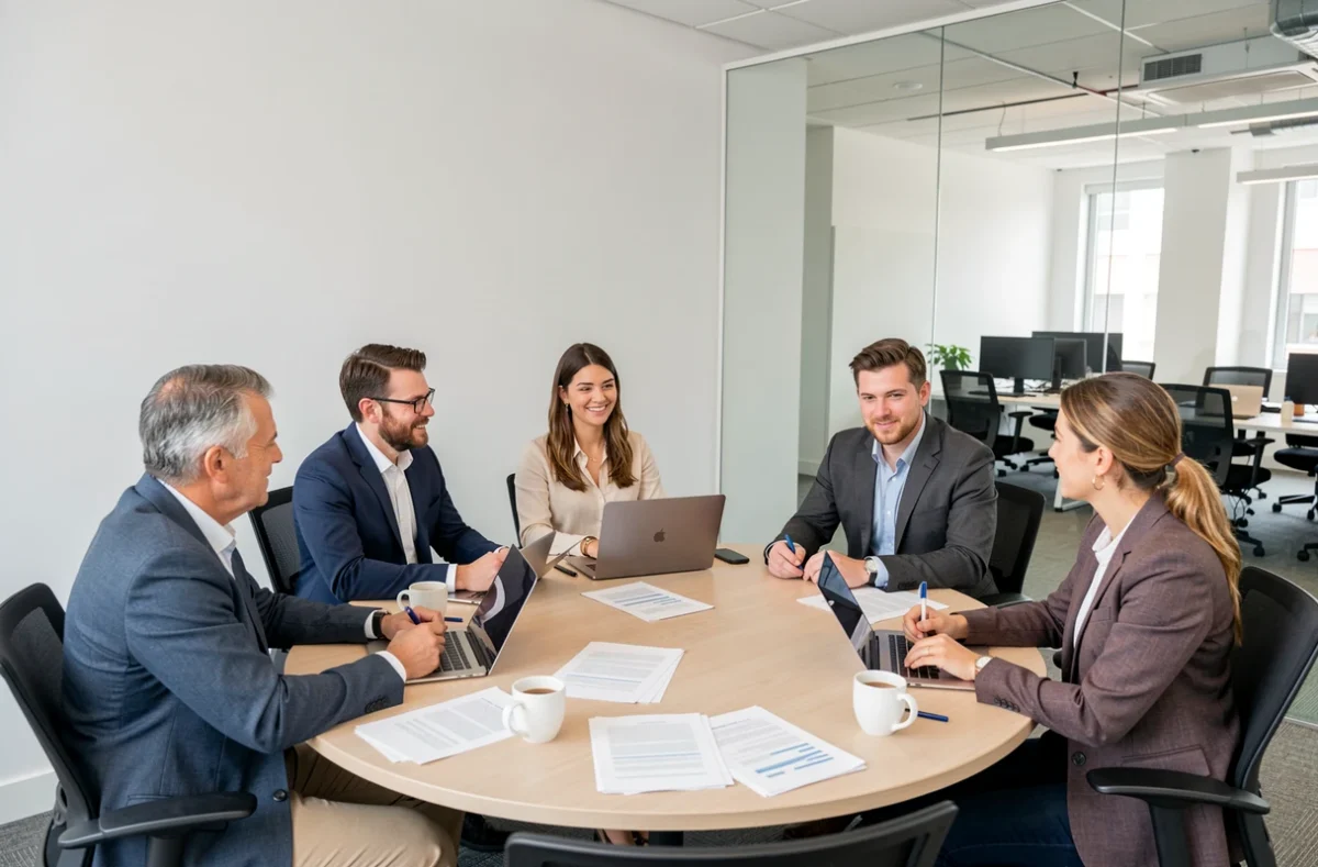 Équipe de consultants indépendants en réunion de travail discutant des avantages du portage salarial