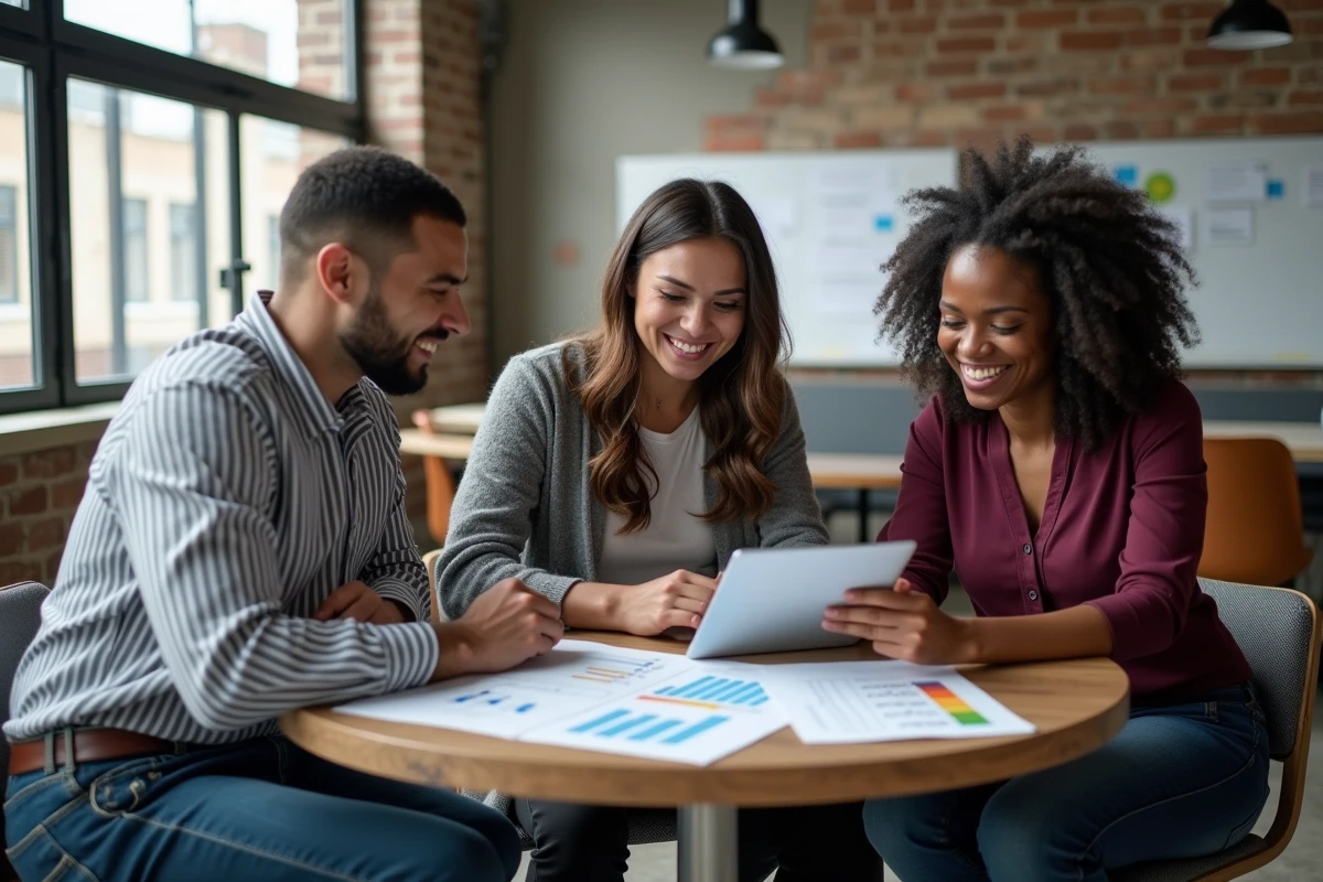 Équipe de professionnels discutant des différences entre plateformes d'avis clients autour d'une table