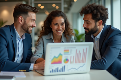 Trois professionnels discutant de chiffres et graphiques numériques
