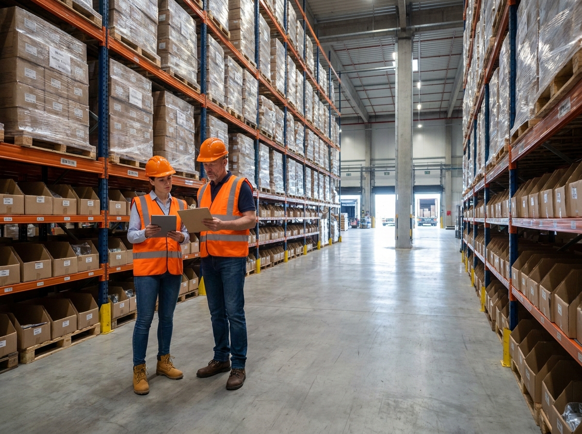 Deux professionnels de la logistique consultant un document devant une allée de rayonnages hauts dans un entrepôt de distribution
