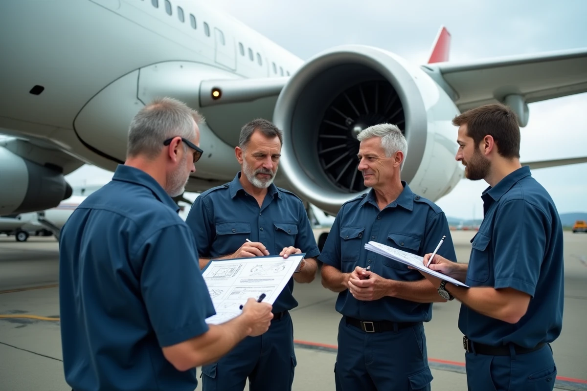 Equipe diverse de techniciens aéronautiques en discussion sur le tarmac