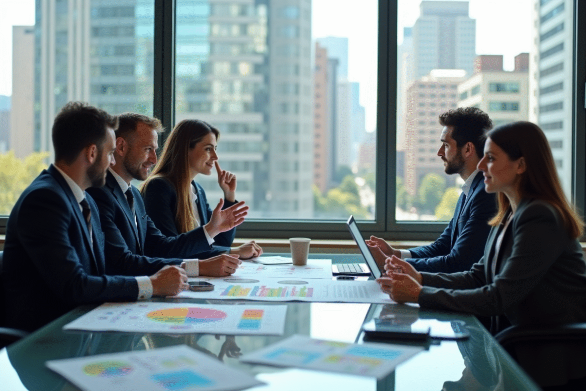 Equipe diverse en réunion autour d'une table avec graphiques et flowchart