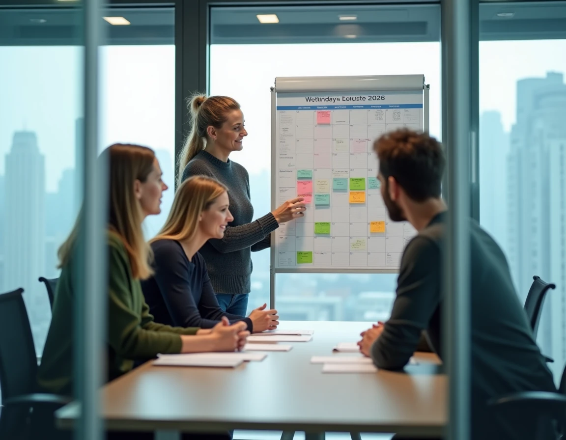 Équipe de collègues en réunion planifiant le calendrier des jours ouvrés et des RTT 2026 sur un planning mural dans une salle de conférence moderne