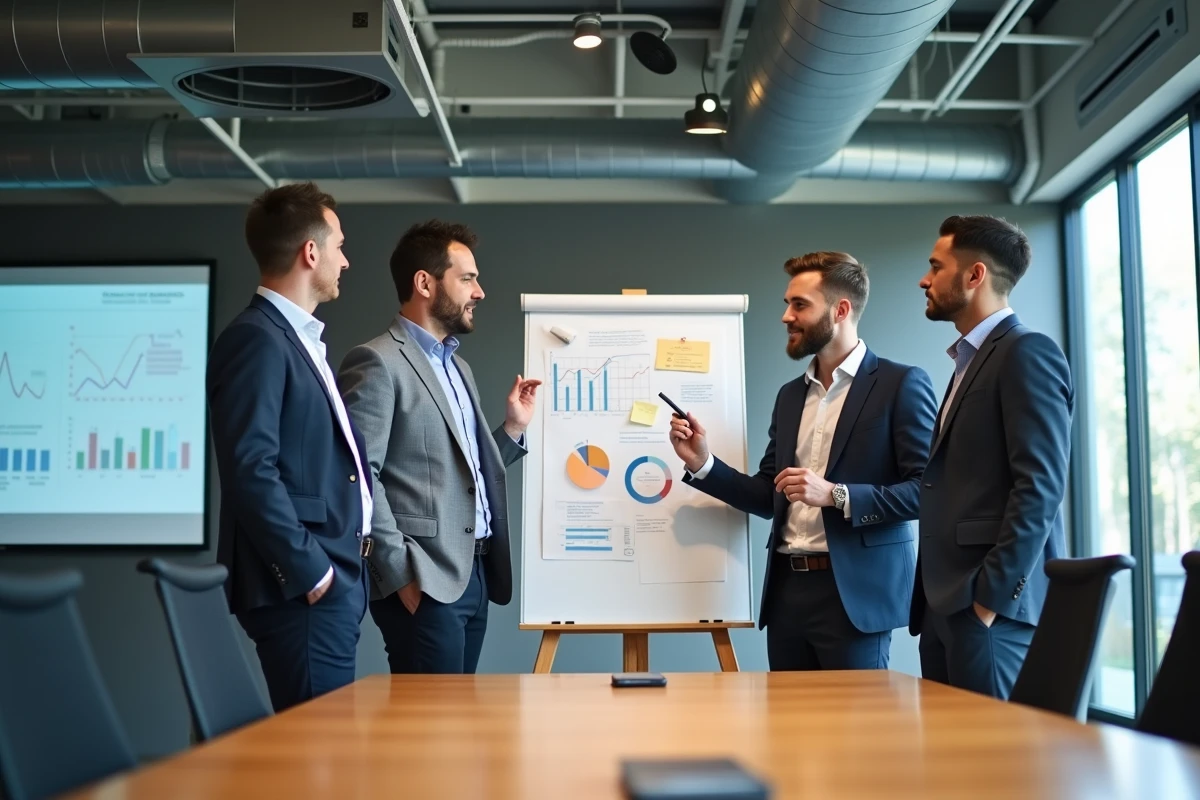 Équipe professionnelle en réunion collaborative illustrant le travail dans le secteur tertiaire